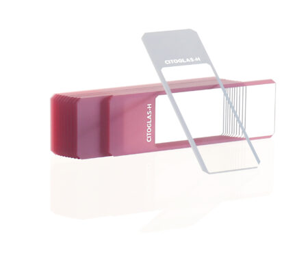 A stack of microscope slides for blood smears in a red holder, with one slide standing upright and labeled “CITOGLAS-H,” ready for use.