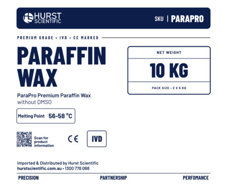 Label for ParaPro Premium Paraffin Wax w/o DMSO, Melting Point 56-58°C (2 x 5 kg/Carton), IVD, CE marked. Includes QR code and contact details. Experience consistent quality with our ParaPro Premium Paraffin Wax for reliable laboratory performance.